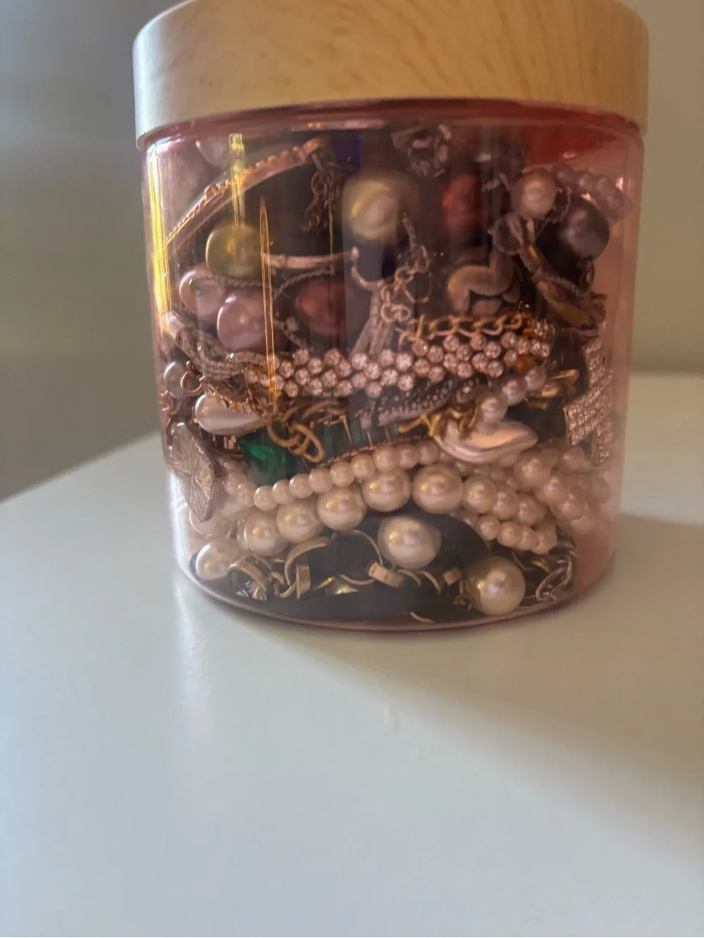 Wood Lid Jewelry Storage Jar - Pink and Gold